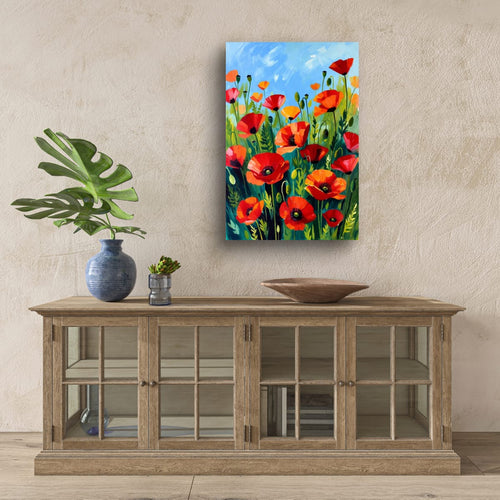 Pintura moderna de flores de amapola | Luminoso lienzo botánico
