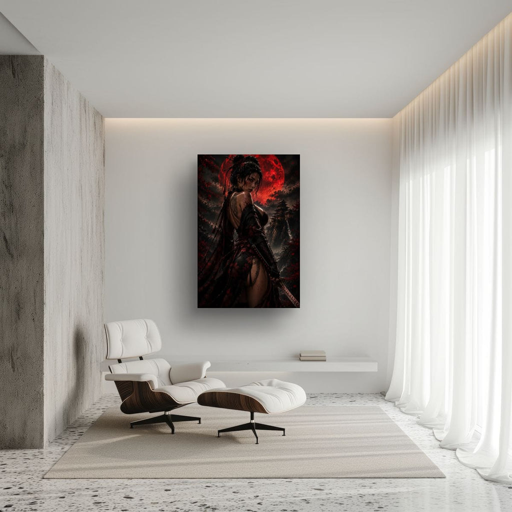 Japanese Warrior Under Blood Moon | Dark Fantasy Canvas