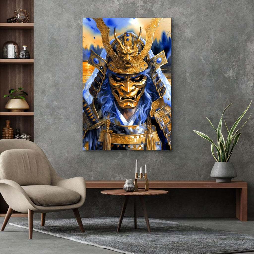 Ancient Hero Canvas Decor | Blue and Gold Warrior Art