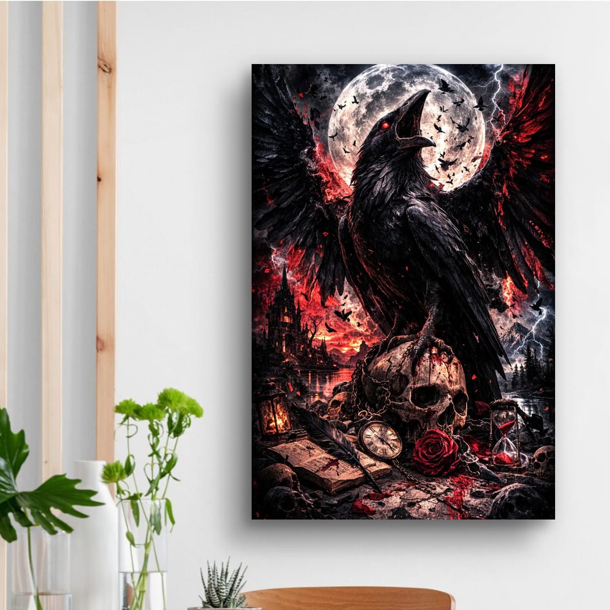 Dark Raven Gothic canvas - skull and moon fantasy wall art