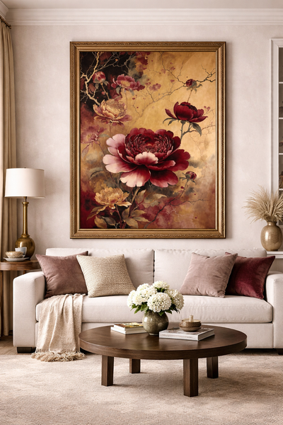 Arte de pared botánico de lujo | Decoración de lienzo romántico de peonías