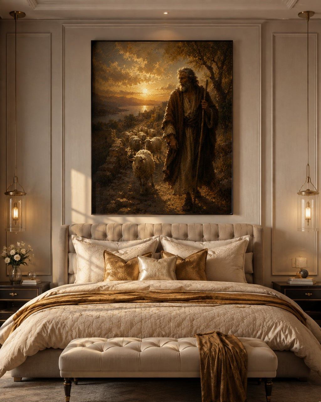 Lienzo religioso del Buen Pastor con ovejas en dormitorio elegante de tonos crema y dorado