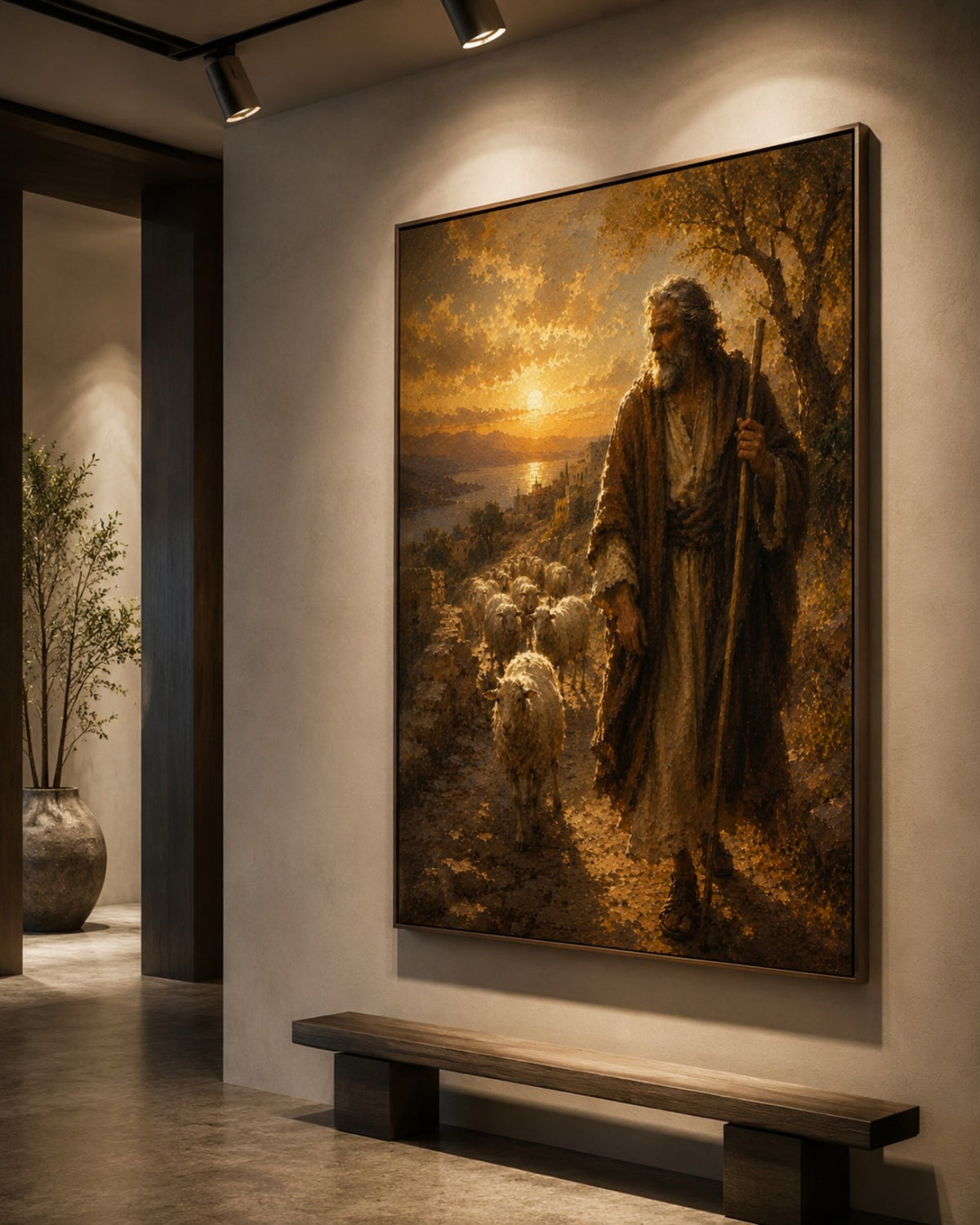 Lienzo religioso del Buen Pastor con ovejas en galería de arte contemporánea
