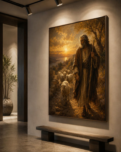 Lienzo religioso del Buen Pastor con ovejas en galería de arte contemporánea