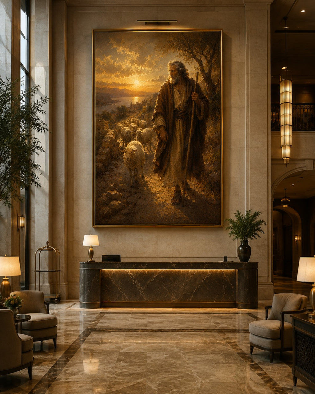 Lienzo religioso del Buen Pastor con ovejas en recepción de hotel elegante