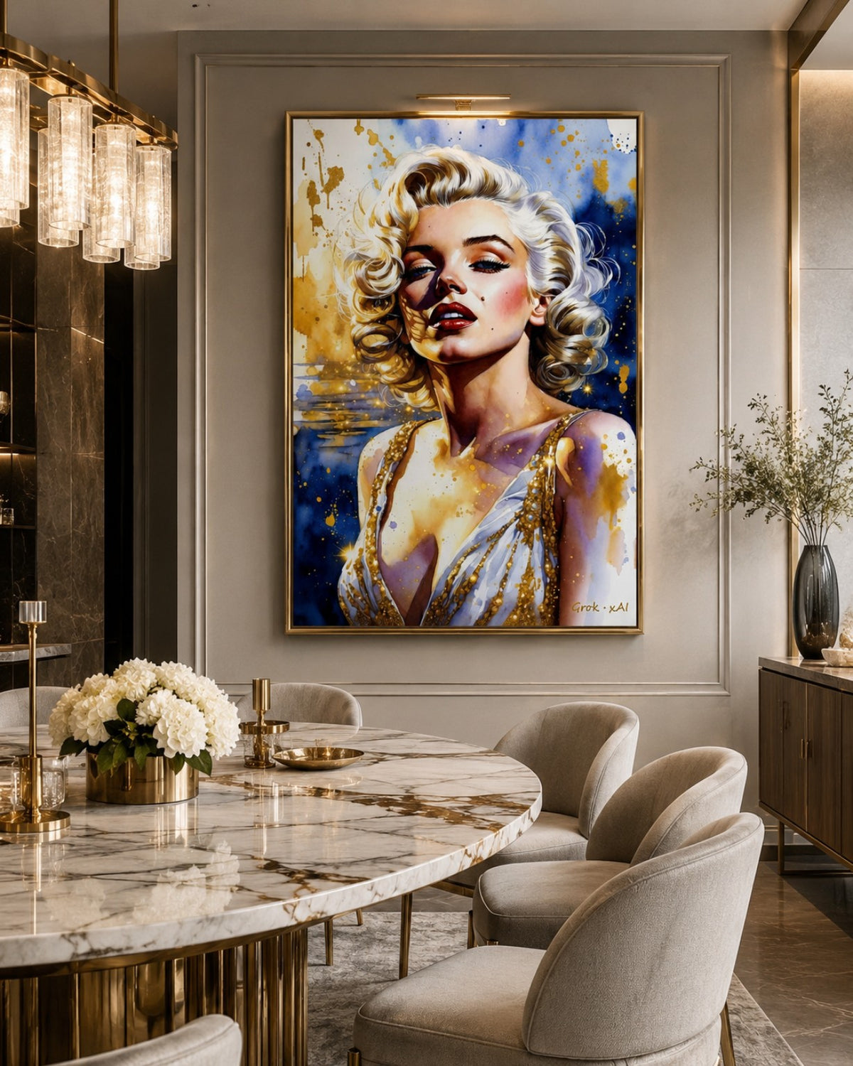 Marilyn Monroe en lienzo decorativo glamour vintage azul y dorado