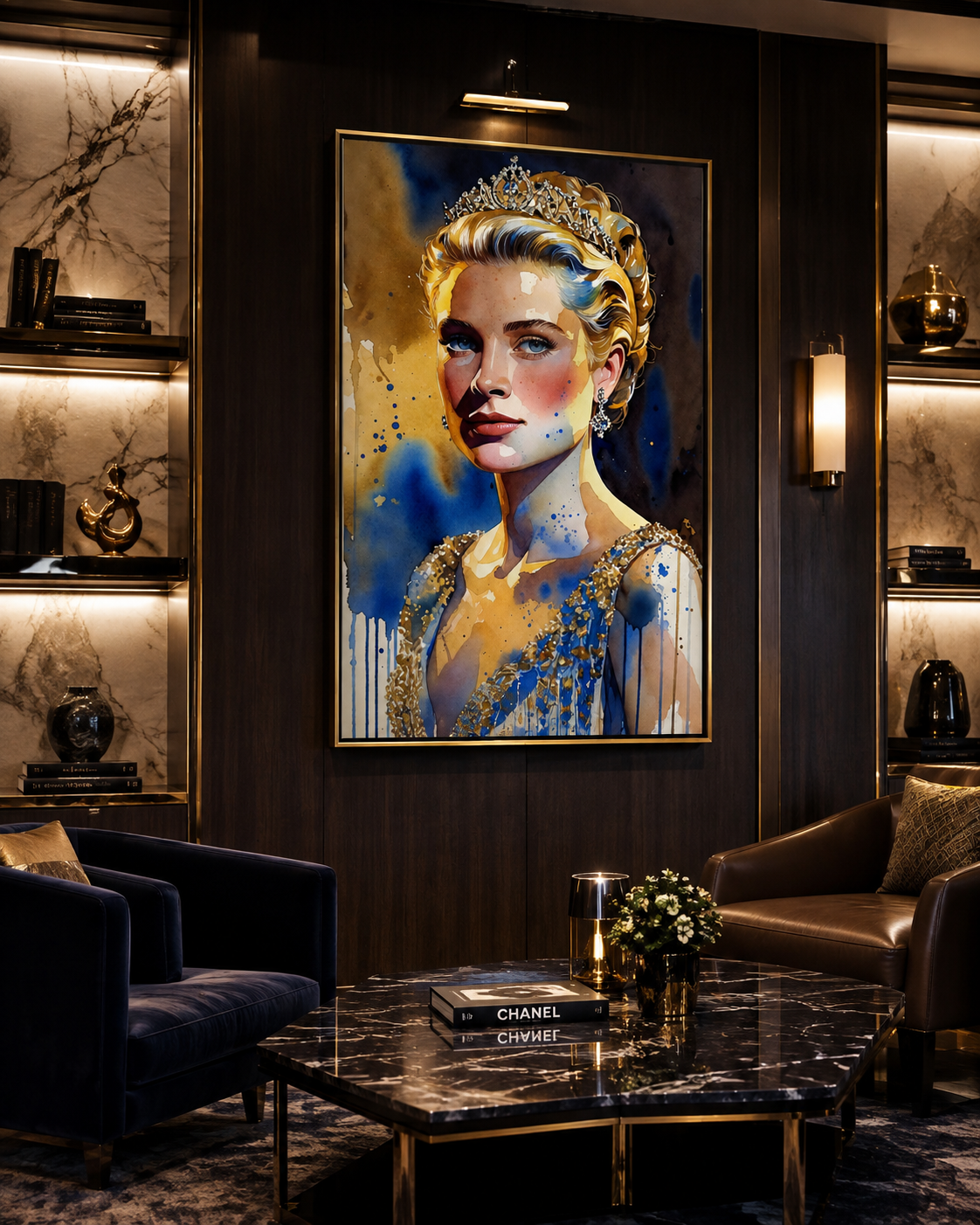 Lienzo impreso de Grace Kelly con tiara en azul y dorado