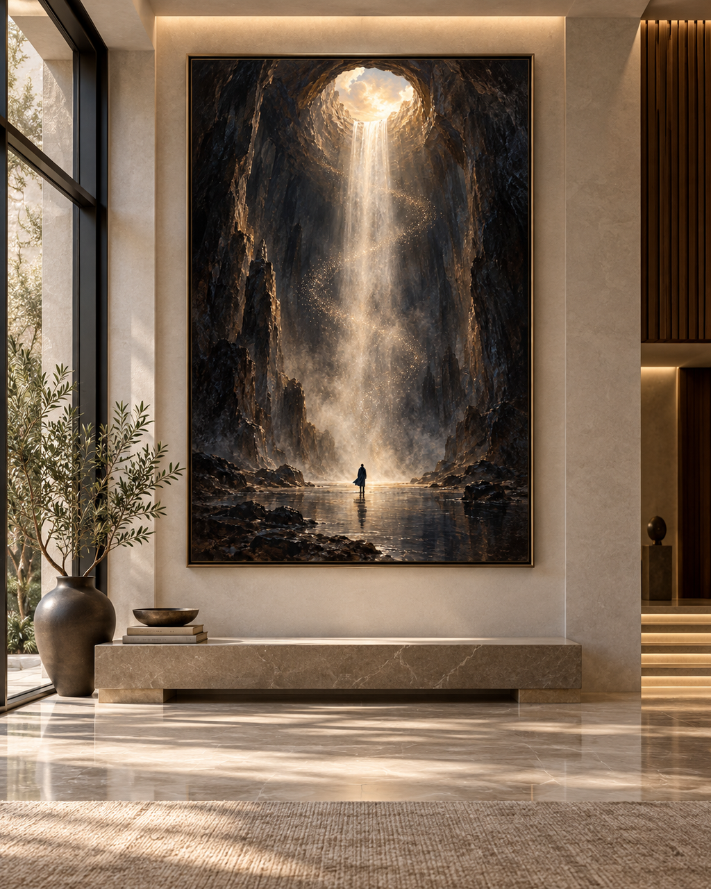 Lienzo espiritual de cascada de luz en una cueva oscura, en un recibidor luminoso con ventanal y jarrón con olivo