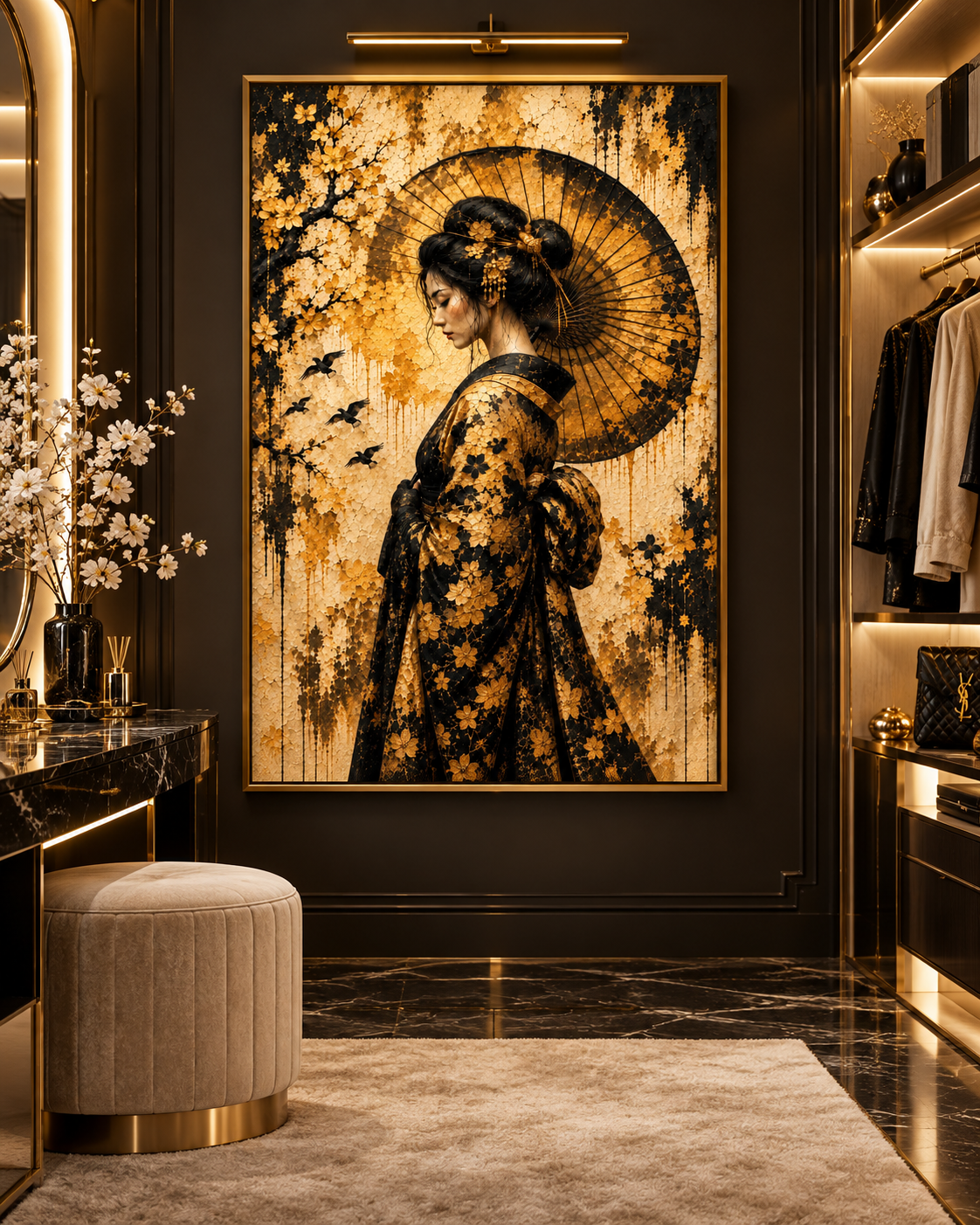 Geisha con sombrilla en lienzo dorado y negro en un vestidor con puf de terciopelo y armario iluminado