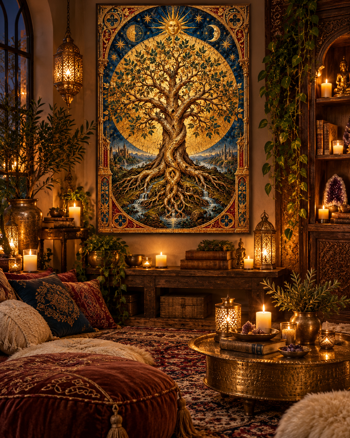 Lienzo del Árbol de la Vida en un salón bohemio con pufs de terciopelo, alfombras persas y farolillos