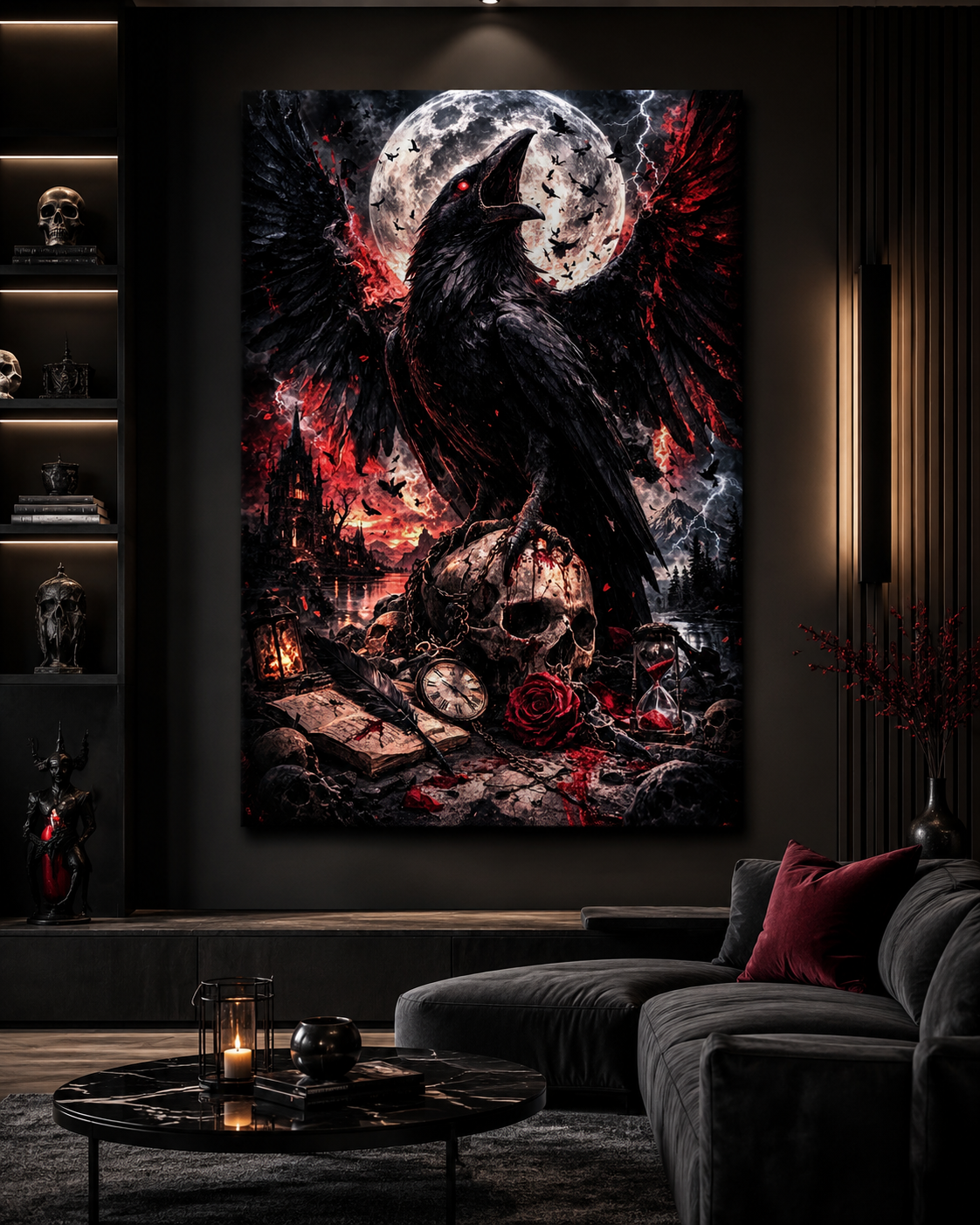 Arte gótico de cuervo oscuro y calavera | lienzo decorativo