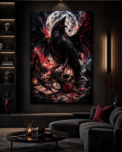 Arte gótico de cuervo oscuro y calavera | lienzo decorativo