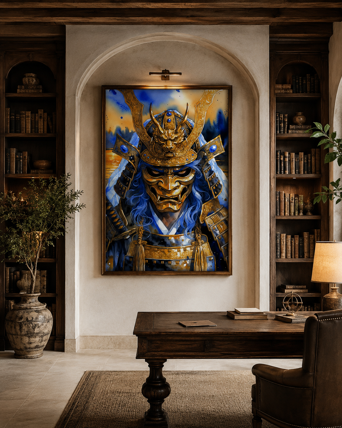 Guerrero samurái junto a dragón dorado | arte de pared