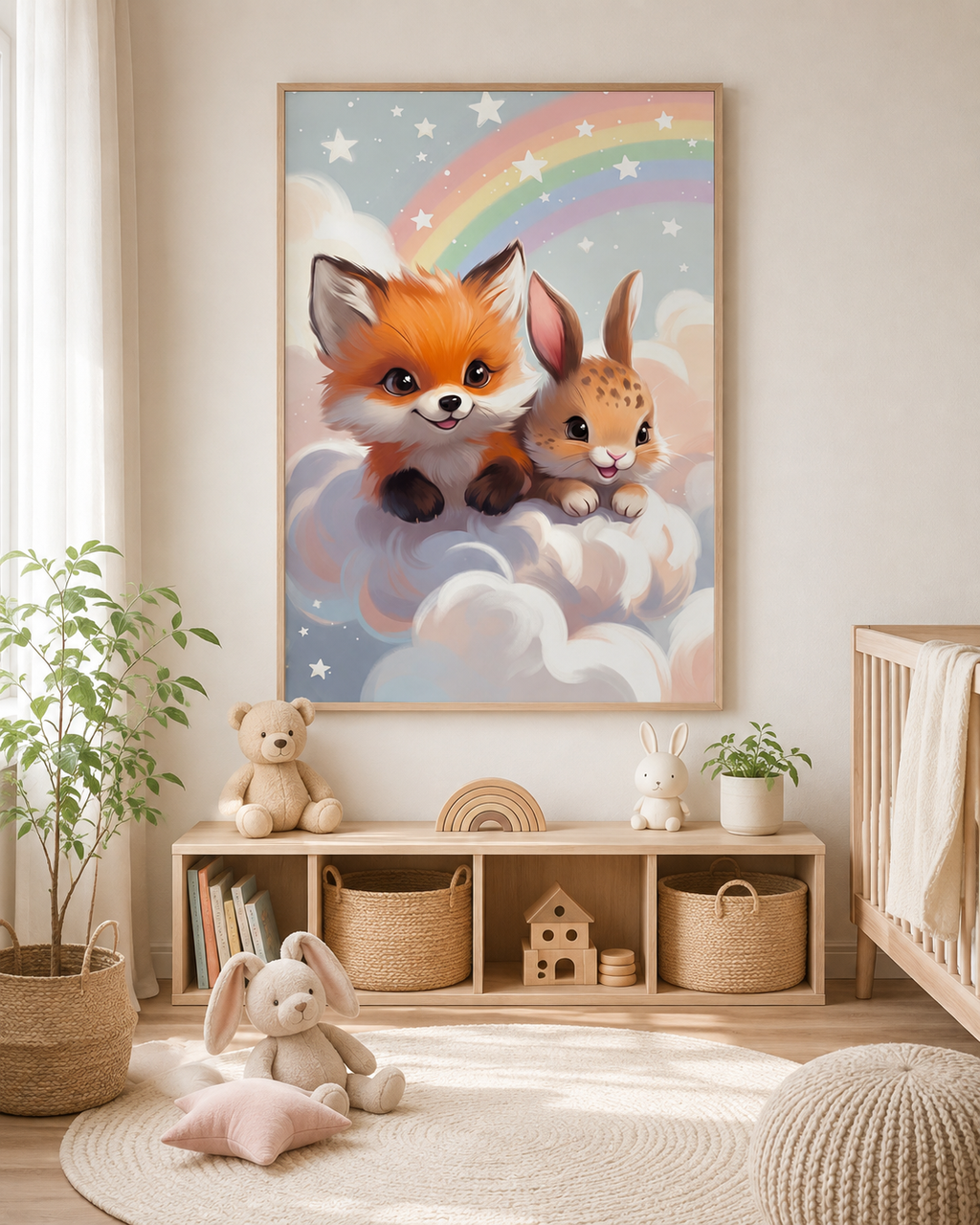 Lienzo infantil impreso de zorrito y conejito en dormitorio rosa