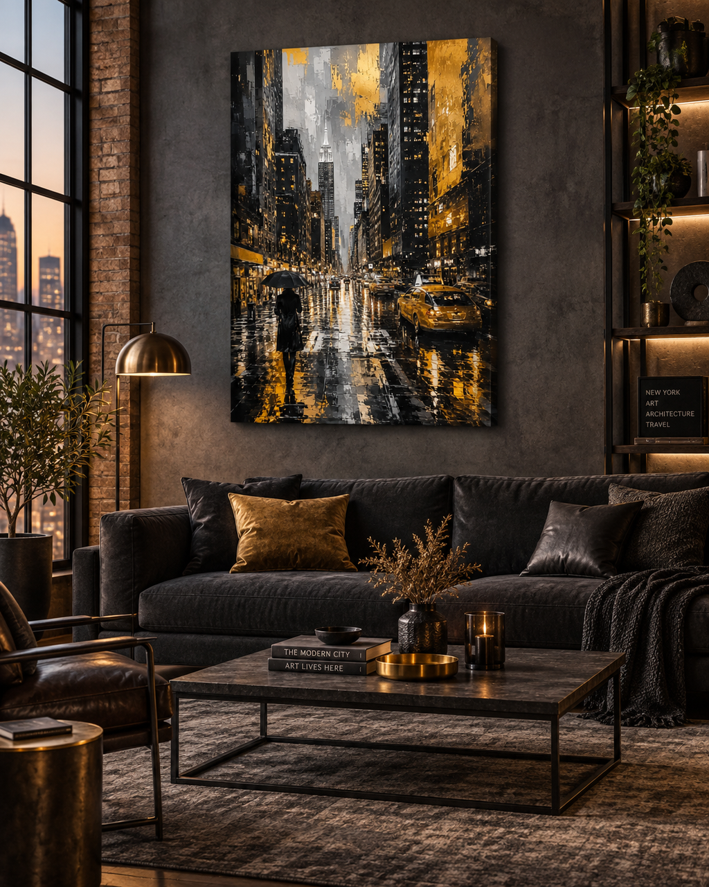Nueva York Bajo la Lluvia | Lienzo de Arte Urbano en Negro y Dorado