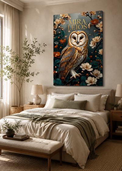 Búho geométrico con detalles dorados | arte de pared