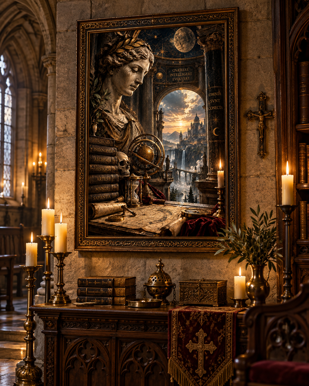 Lienzo de sabiduría eterna con busto y esfera armilar en una sala gótica con cruz, velas y mueble tallado