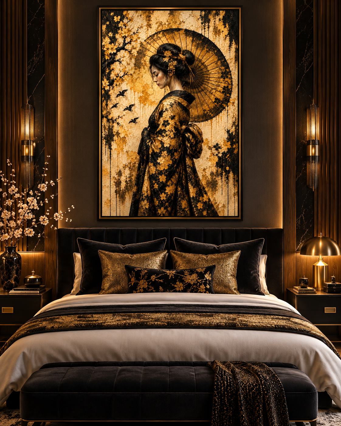 Lienzo japonés de geisha en dorado y negro sobre el cabecero de un dormitorio con cojines negros y dorados