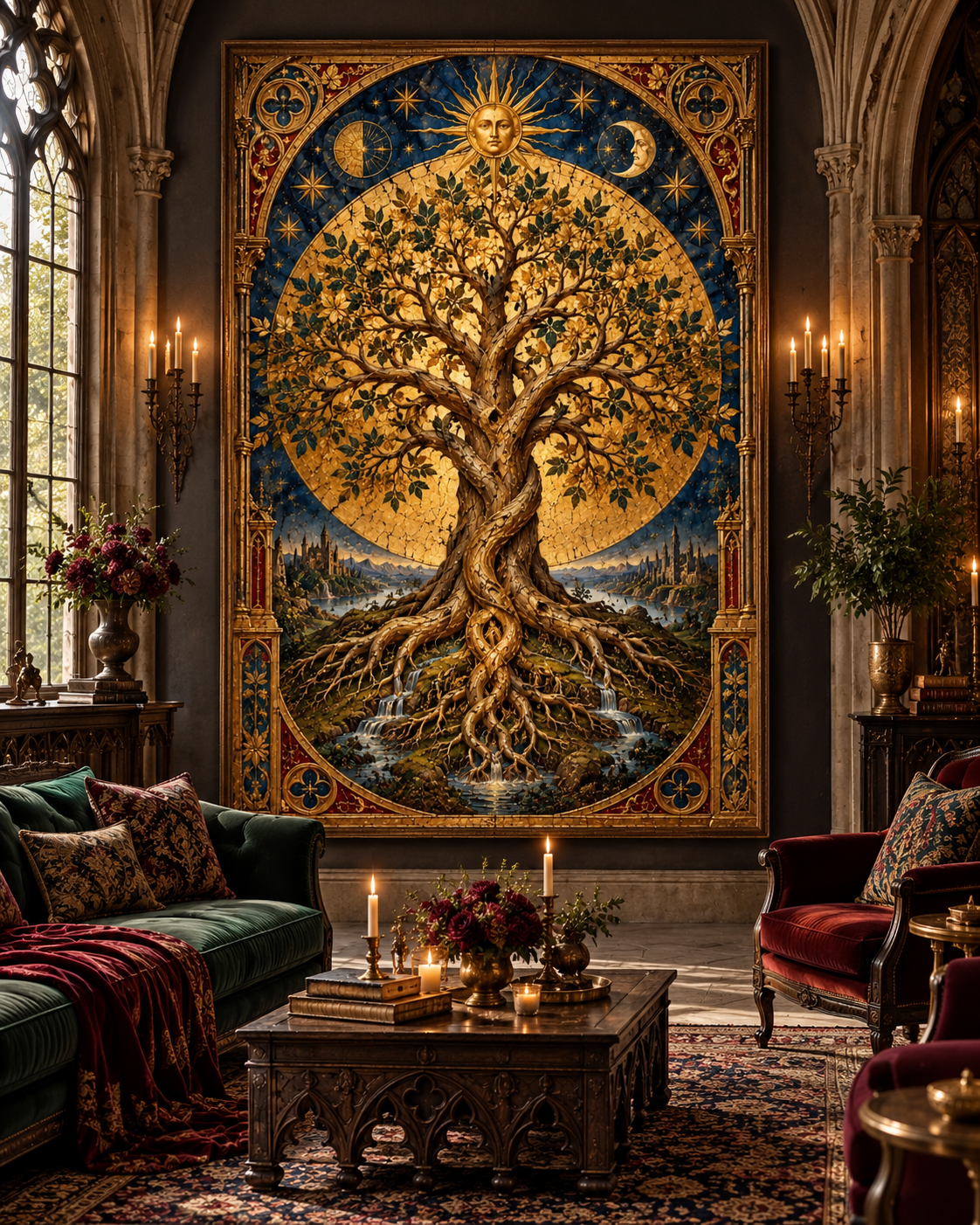 Lienzo del Árbol de la Vida con efecto pan de oro sobre un sofá de terciopelo verde en un salón gótico