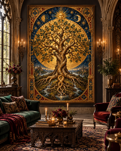 Lienzo del Árbol de la Vida con efecto pan de oro sobre un sofá de terciopelo verde en un salón gótico