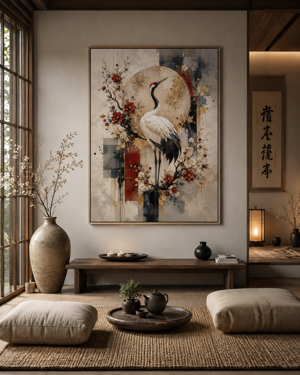 Lienzo impreso oriental de grulla en salón zen de inspiración japonesa
