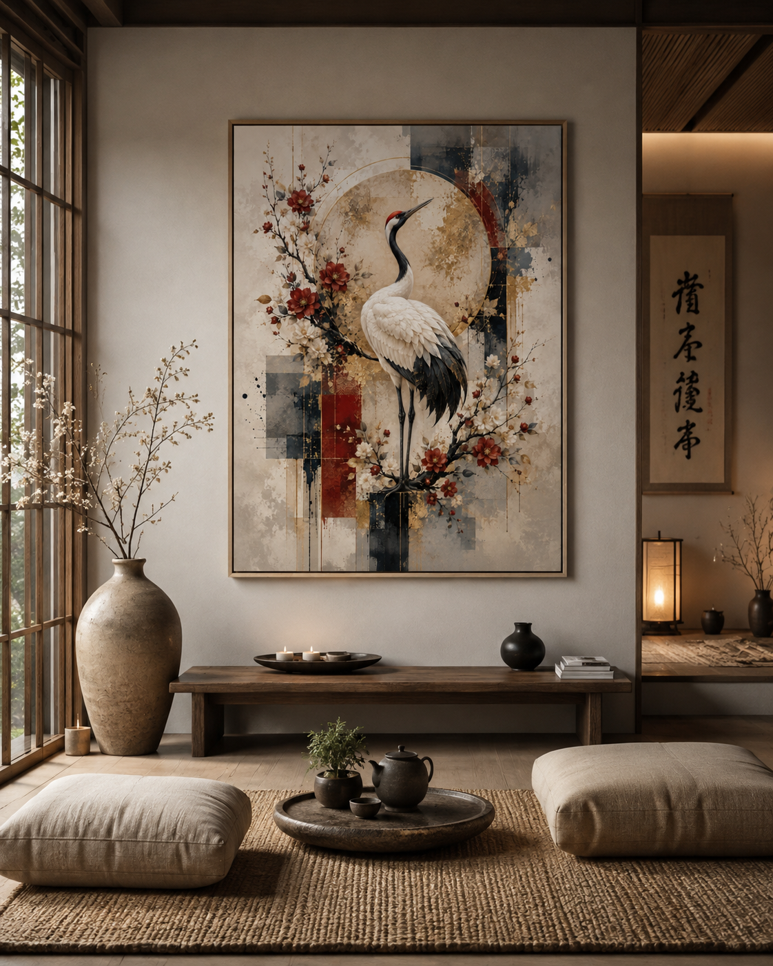 Lienzo impreso oriental de grulla en salón zen de inspiración japonesa