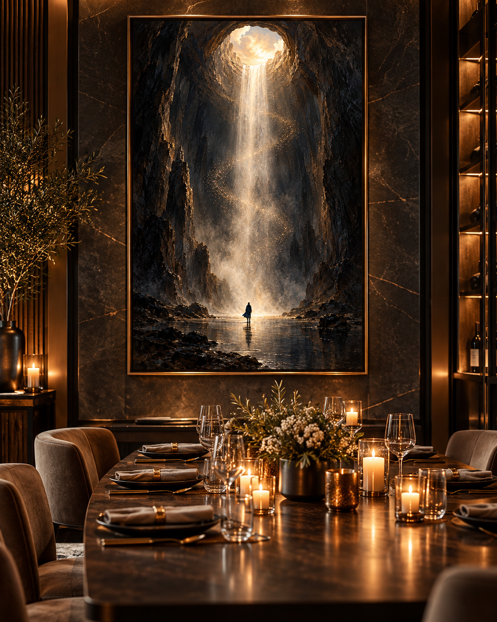 Lienzo místico de cascada luminosa sobre un comedor elegante con mesa larga, velas encendidas y flores