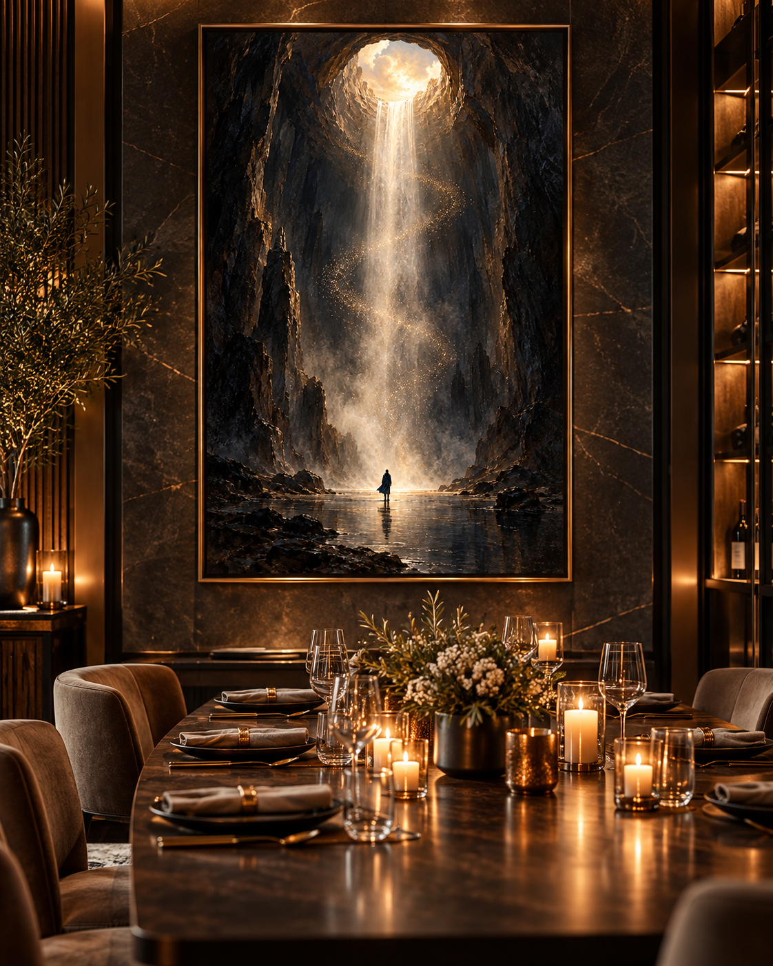 Lienzo místico de cascada luminosa sobre un comedor elegante con mesa larga, velas encendidas y flores