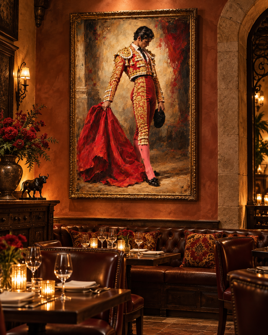 Lienzo El Torero en rojo y dorado sobre pared terracota en un restaurante con sofá de cuero, mesas y velas