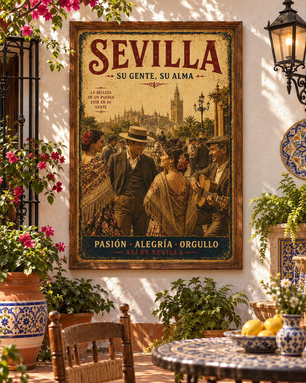 Lienzo vintage Sevilla Su Gente Su Alma con la Giralda, flamencas con mantón y guitarrista (marco no incluido)