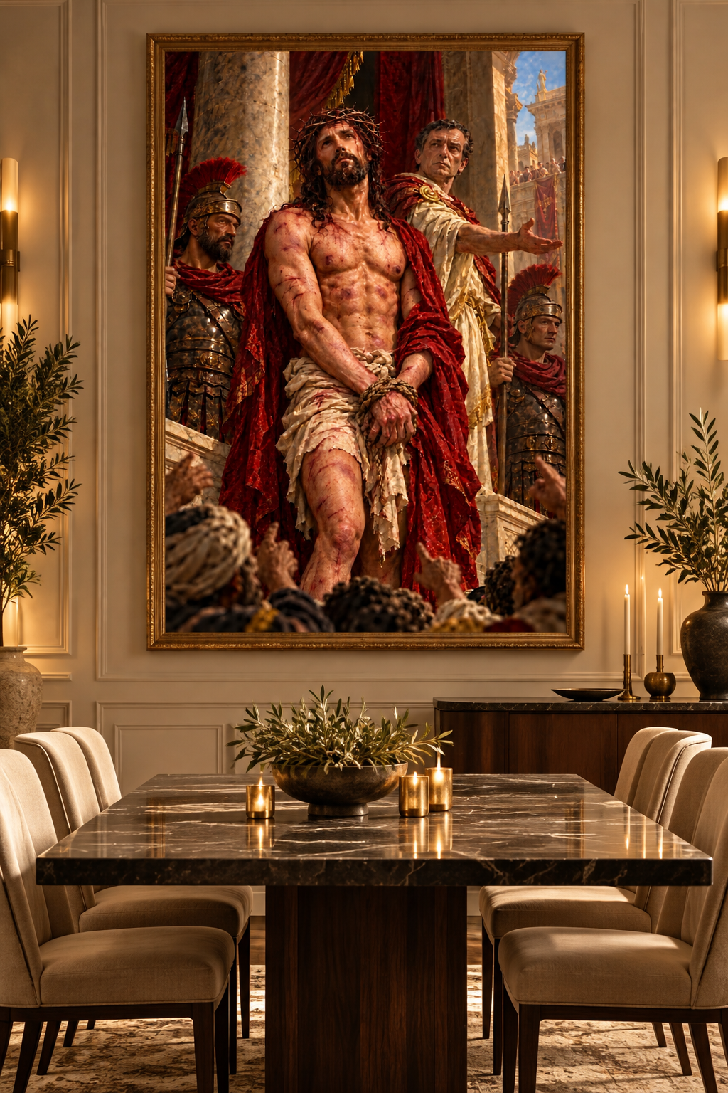 Cuadro del Ecce Homo sobre una mesa de comedor de mármol oscuro con sillas tapizadas y centro de olivo