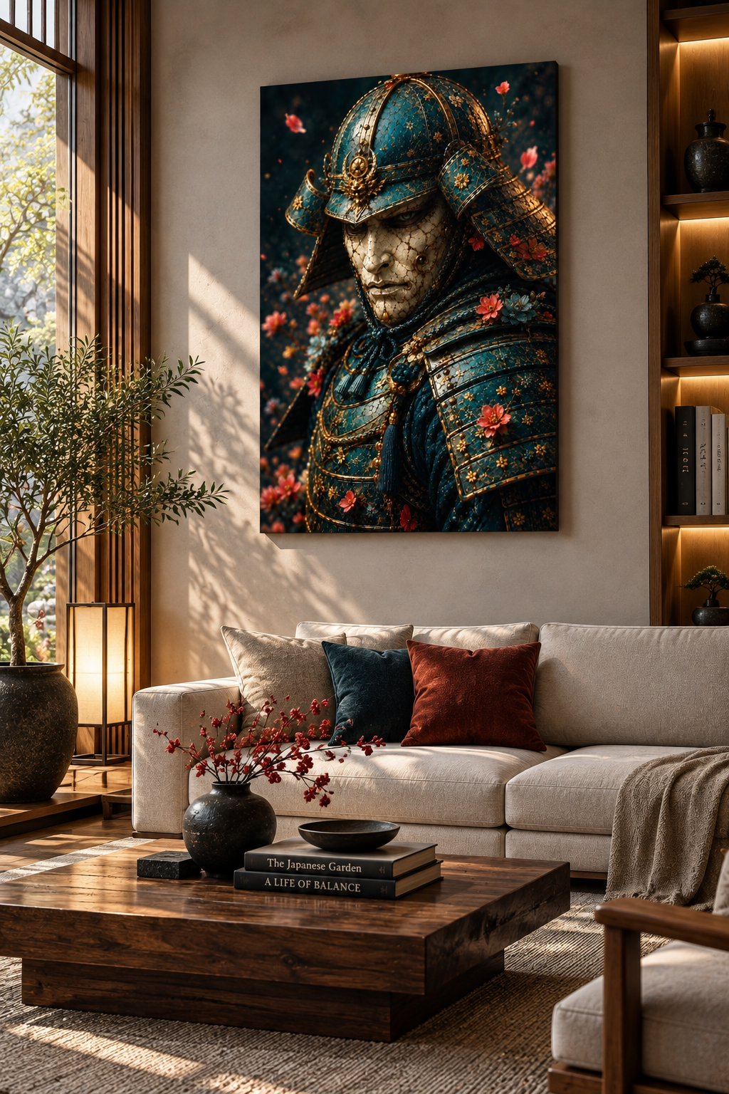Blue and Gold Samurai with Cherry Blossoms | Japanese Canvas
