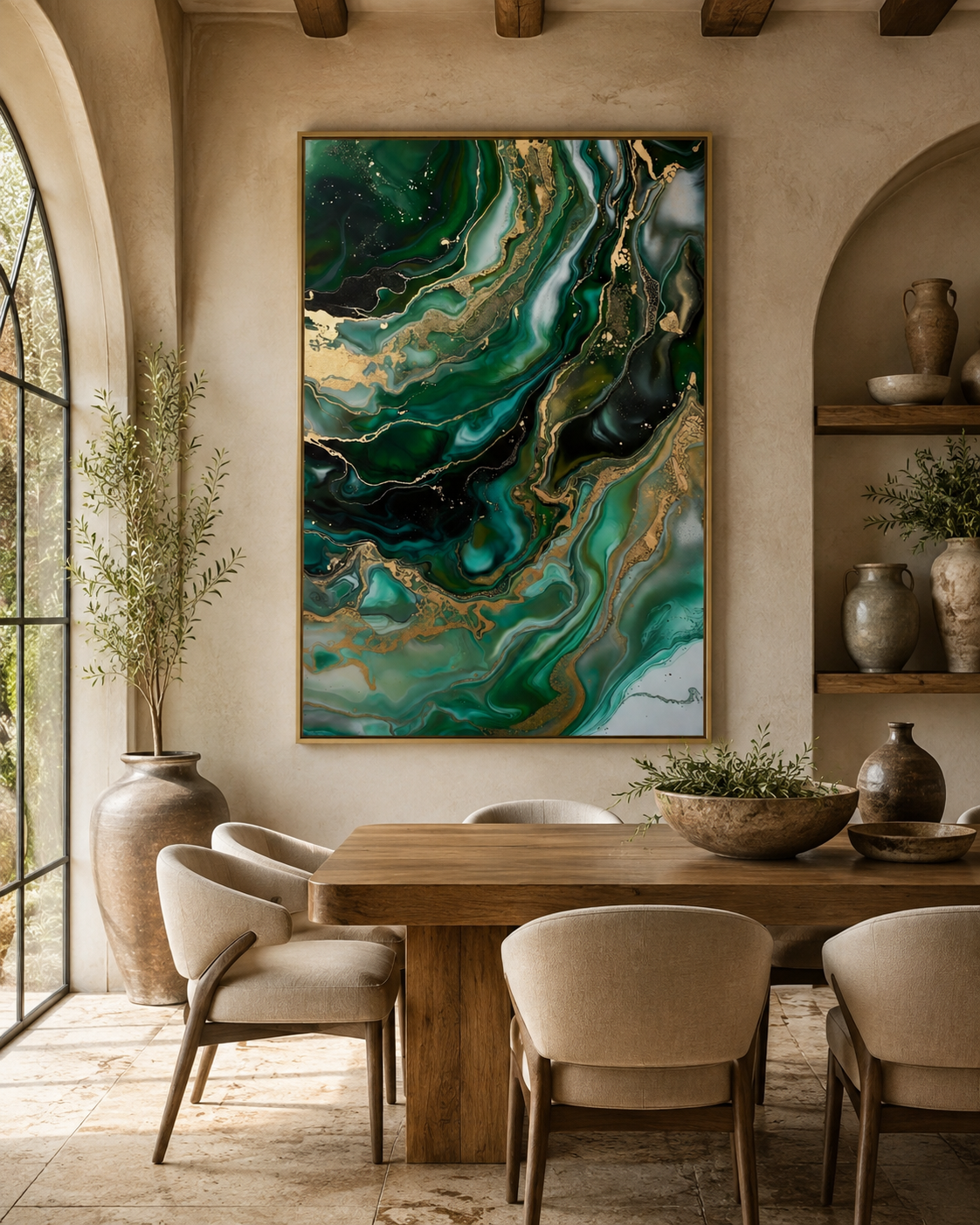 Arte abstracto en tonos verdes y dorados | presentación del lienzo