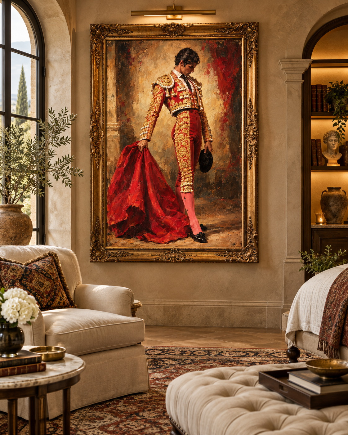 Cuadro de arte español con torero en marco dorado en un salón luminoso con butaca crema, puf capitoné y estanterías