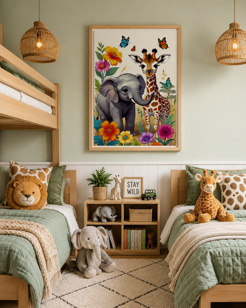 Lienzo infantil de elefante y jirafa sobre cabecero de cama con peluches