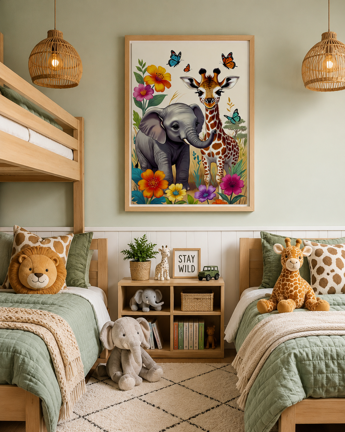 Lienzo infantil de elefante y jirafa sobre cabecero de cama con peluches