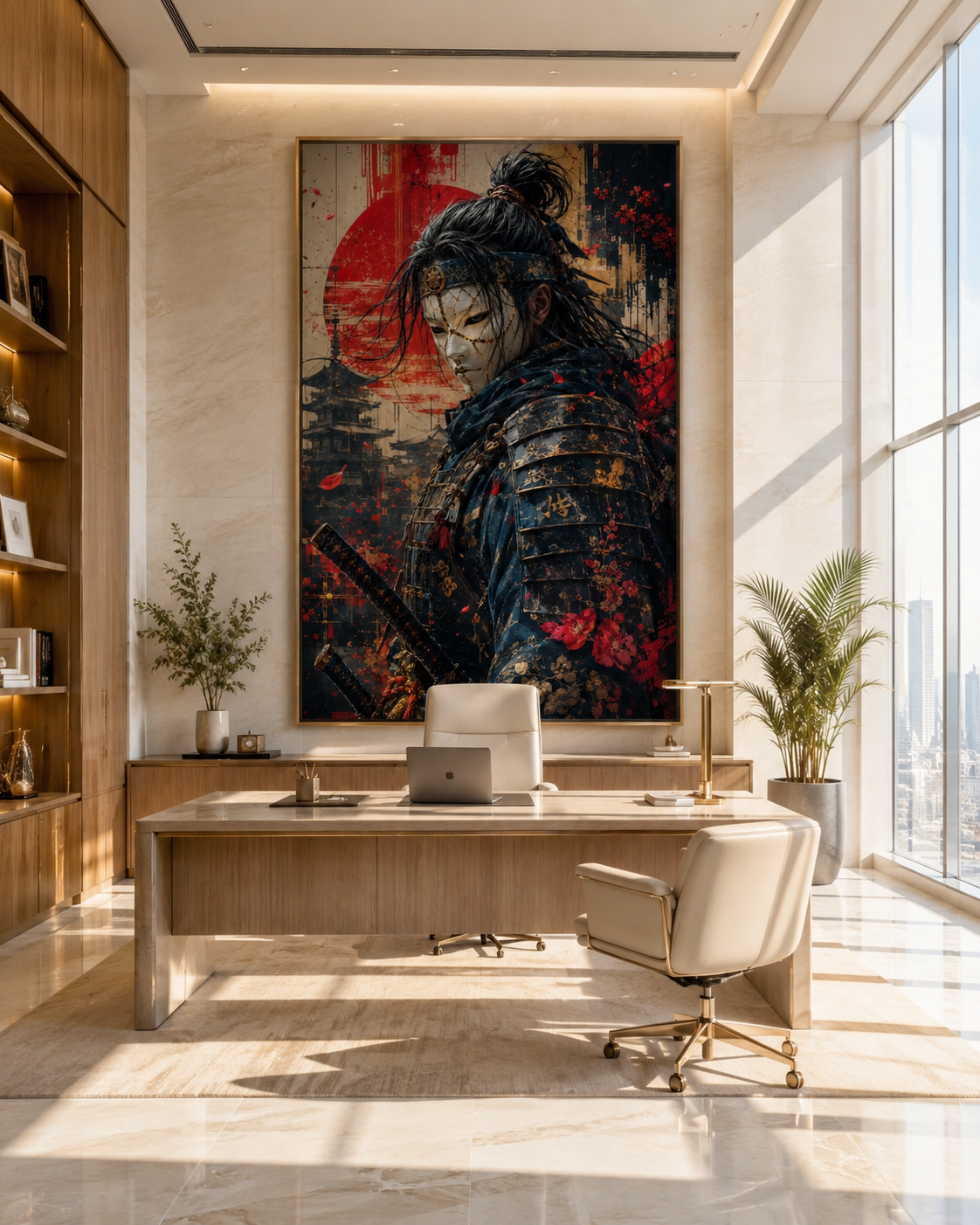 Samurái con Máscara Blanca y Sol Naciente en Lienzo | Arte Guerrero Japonés con Katana y Pagoda