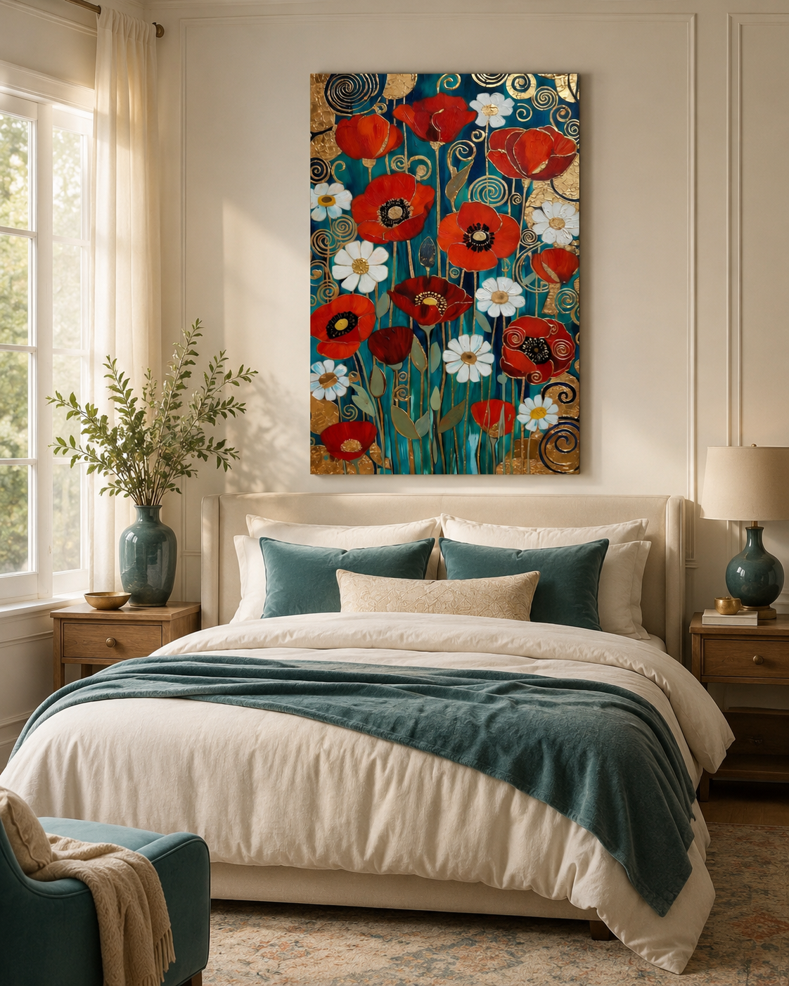 Arte de pared floral en rojo, turquesa y dorado