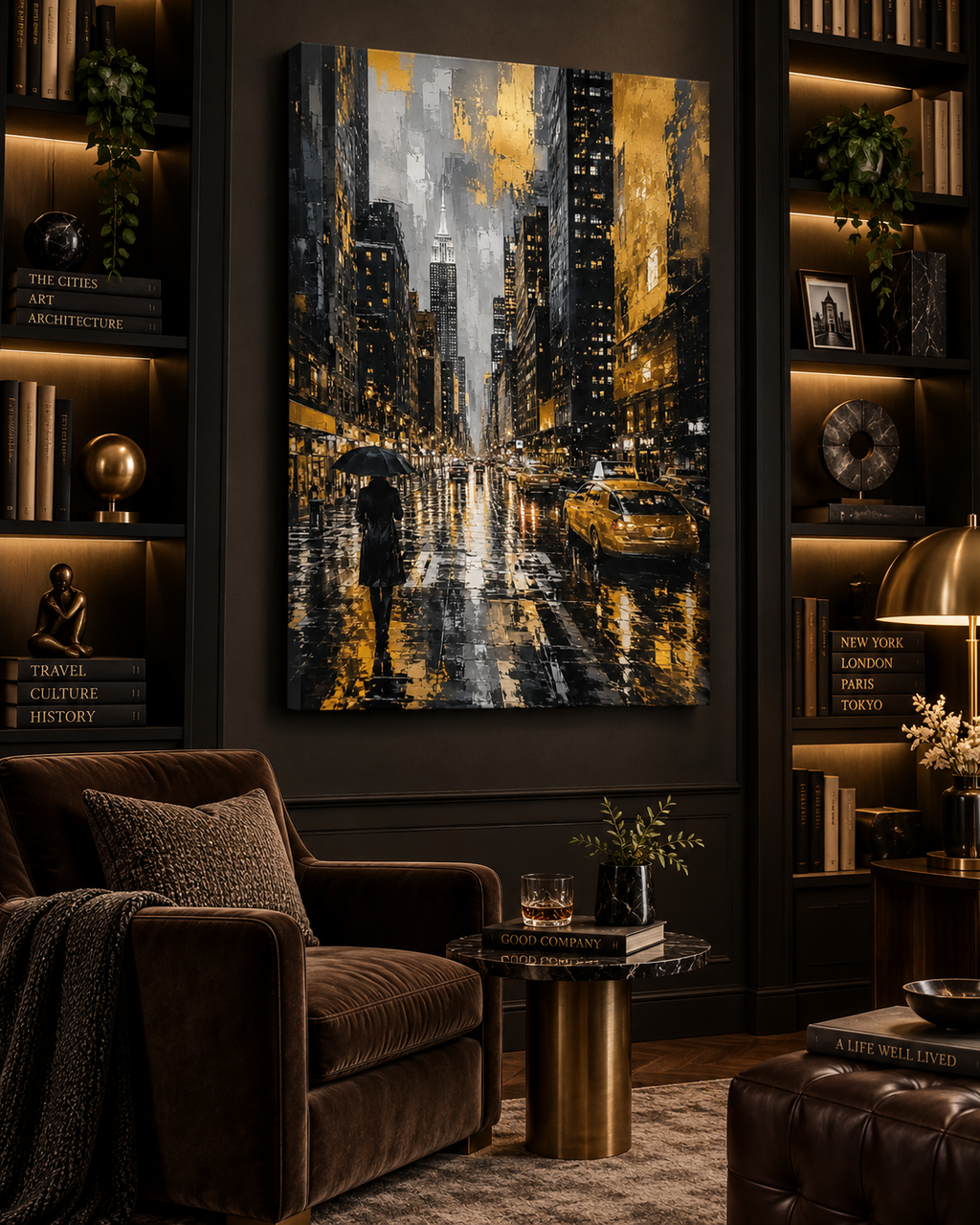 Nueva York Bajo la Lluvia | Lienzo de Arte Urbano en Negro y Dorado