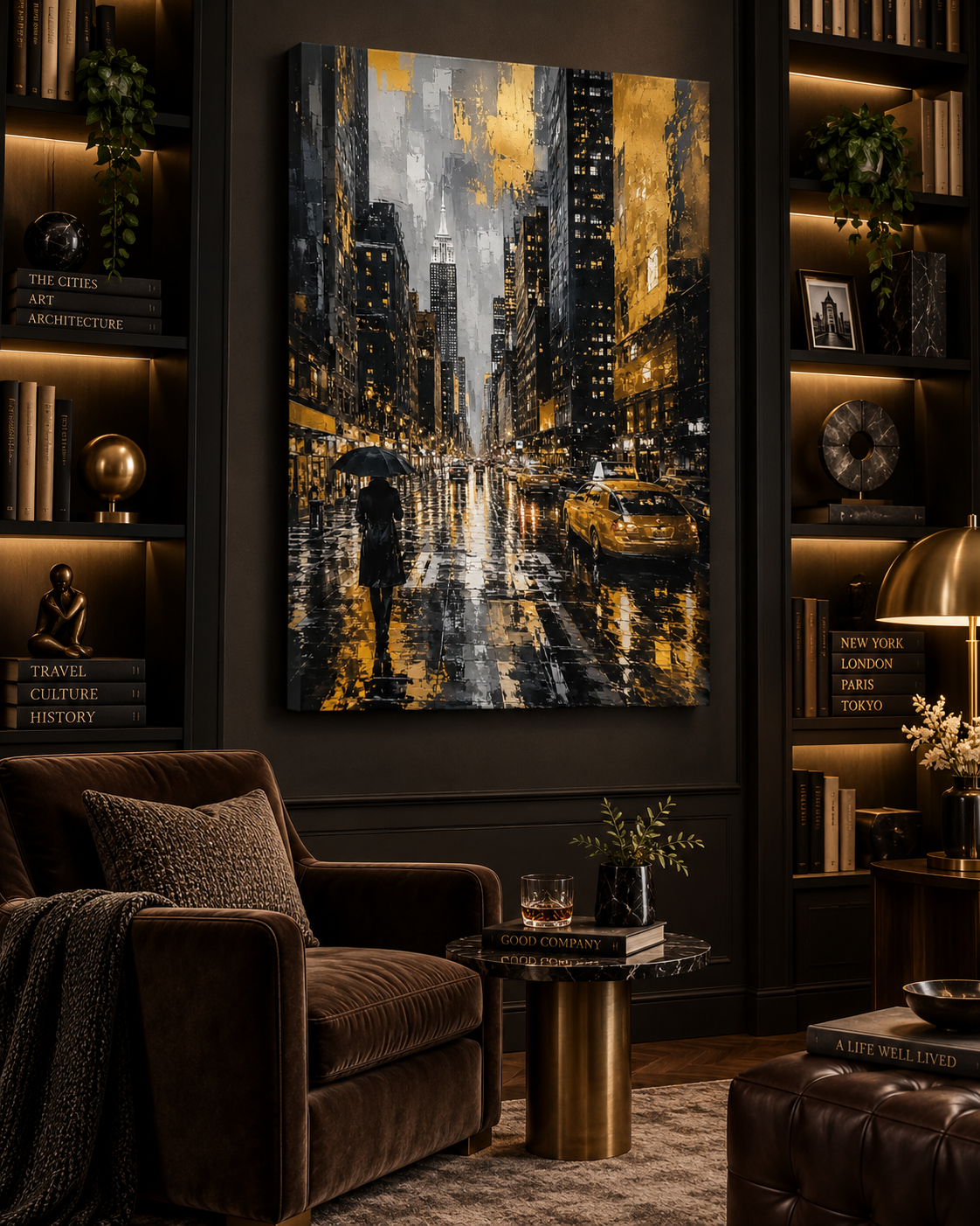 Nueva York Bajo la Lluvia | Lienzo de Arte Urbano en Negro y Dorado