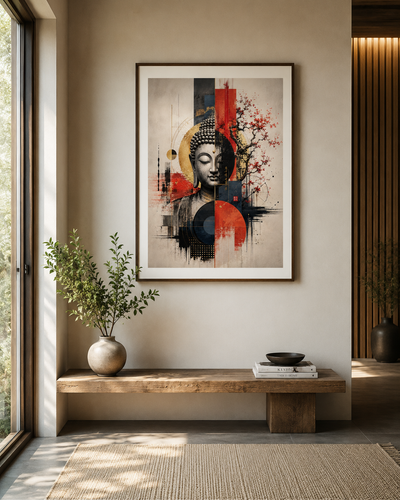 Lienzo impreso de Buda oriental en dormitorio zen con cerámica decorativa