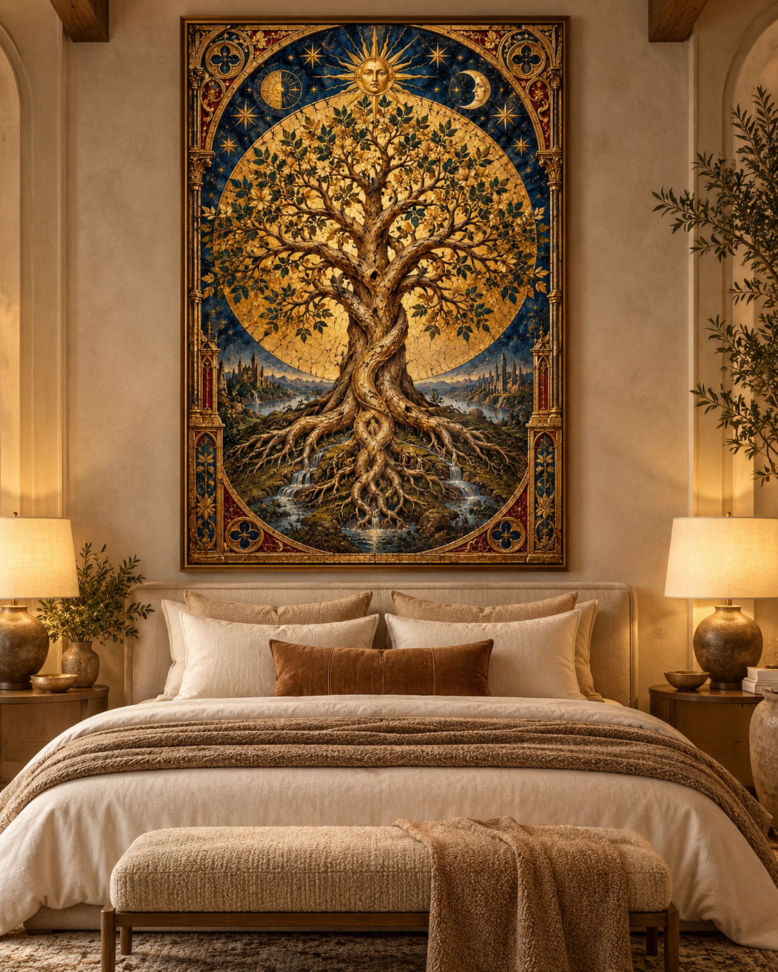 Lienzo del Árbol de la Vida dorado sobre el cabecero de un dormitorio en tonos crema con banco tapizado