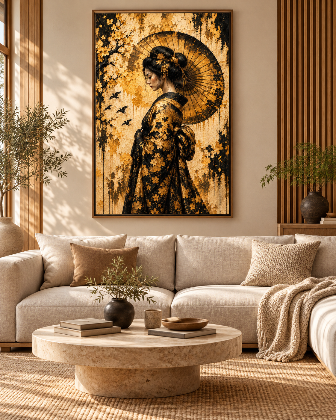 Cuadro de geisha y cerezos en dorado y negro en un salón luminoso con sofá blanco y mesa redonda de piedra
