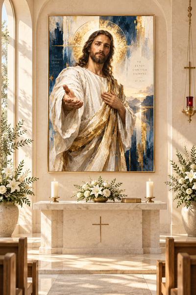 Lienzo de Jesucristo con túnica blanca sobre un altar de piedra con cruz, flores blancas y velas en una capilla