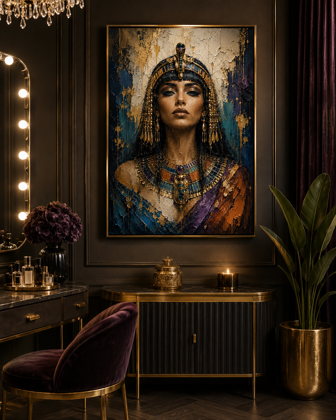 Lienzo de Cleopatra en tocador de lujo con espejo de luces y terciopelo púrpura