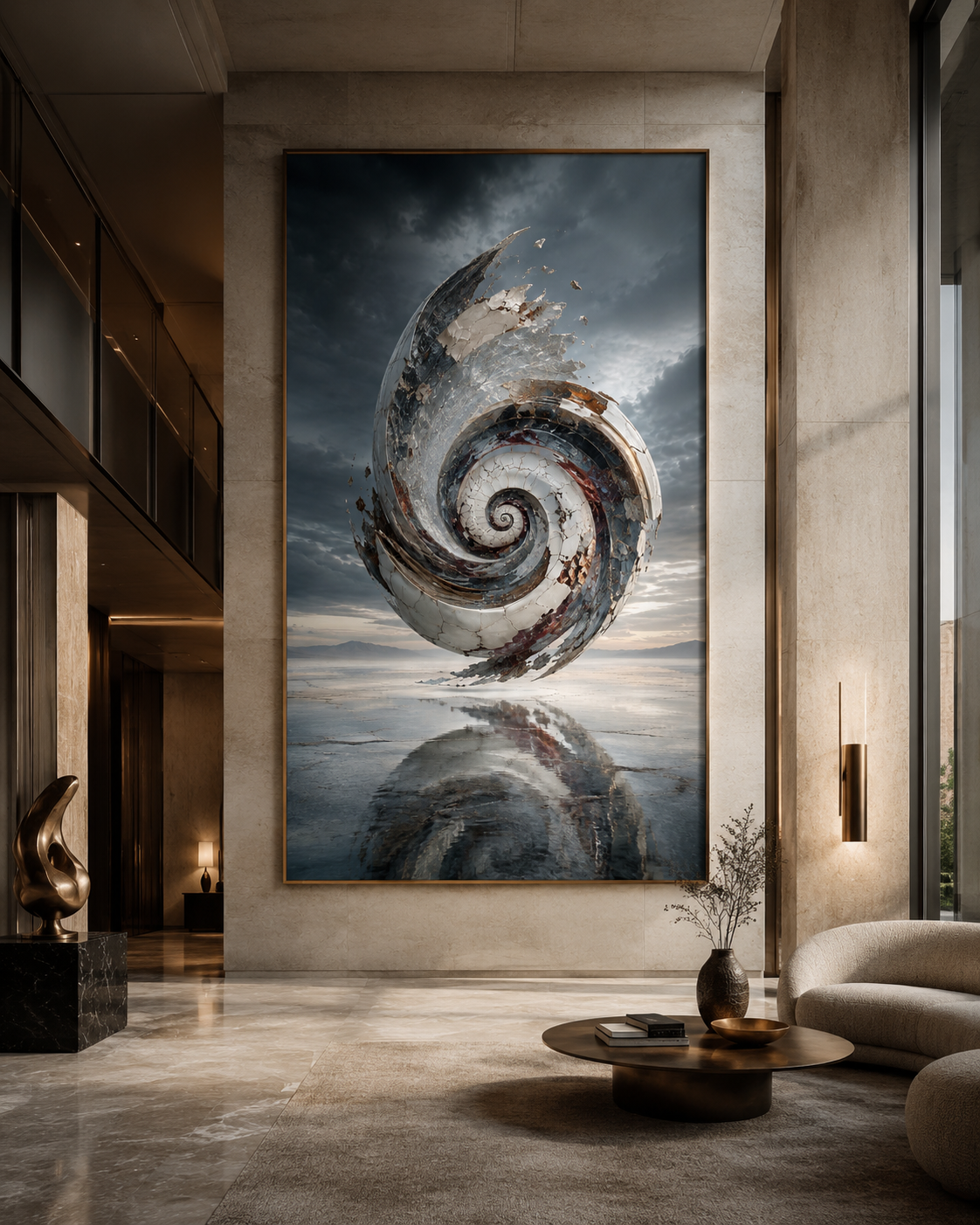 Lienzo abstracto surrealista en recibidor de mármol oscuro