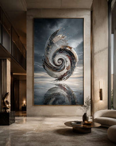Lienzo abstracto surrealista en recibidor de mármol oscuro