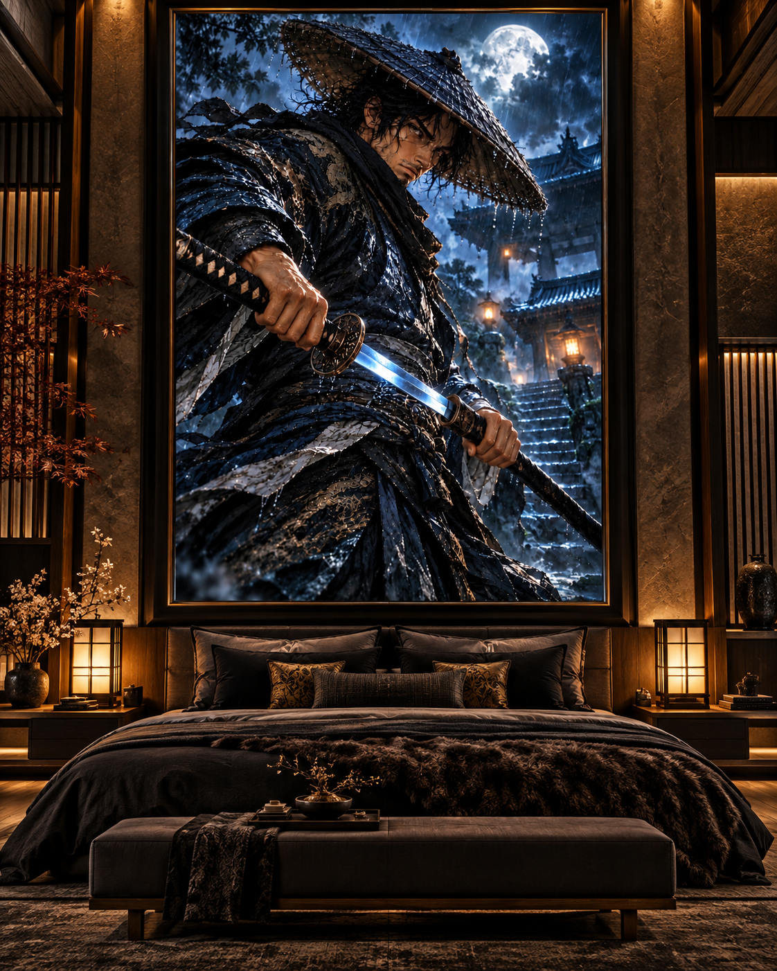 Lienzo Ronin bajo la Lluvia, samurái con katana impreso en algodón premium (vista 4 de 11)