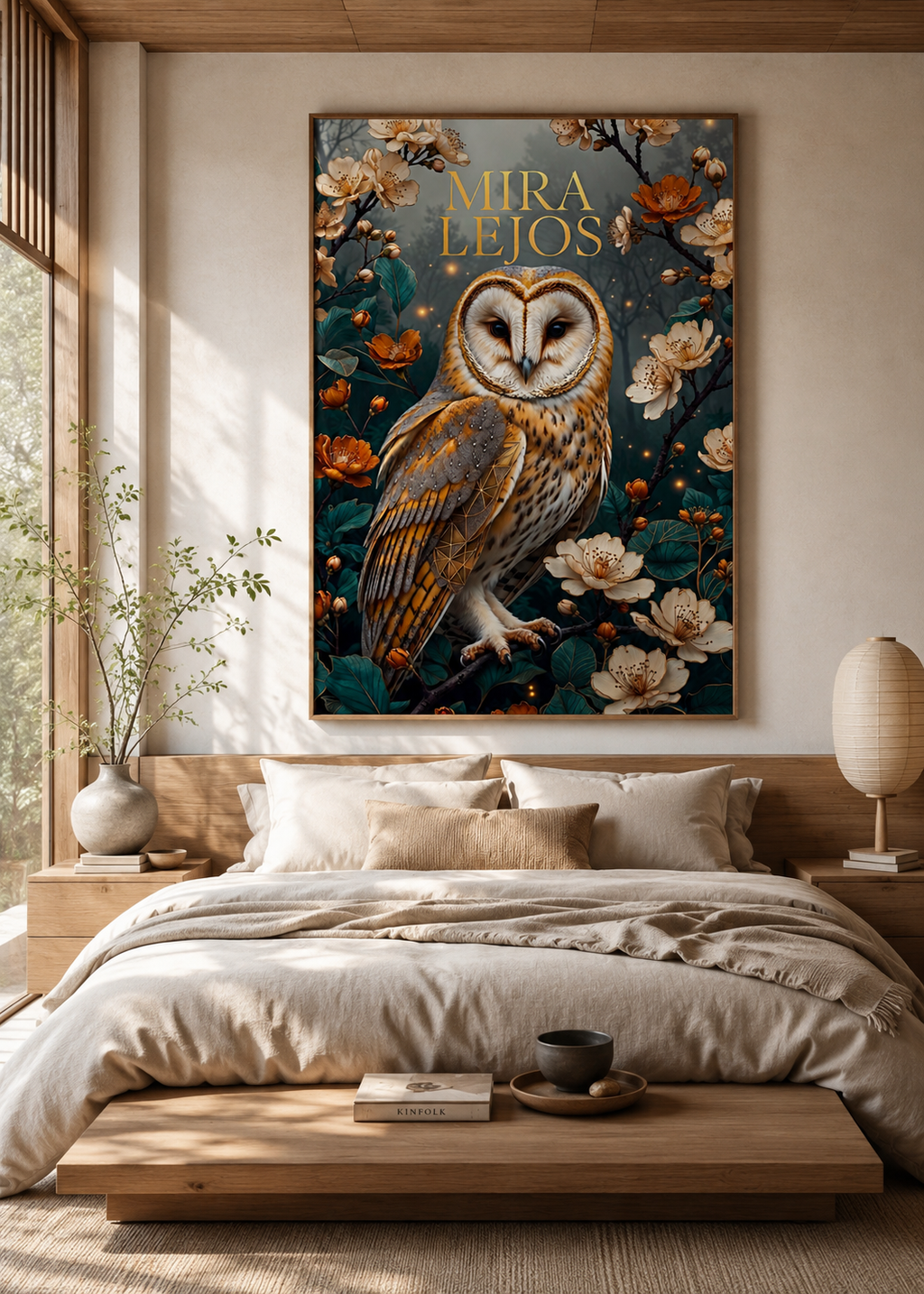 Arte de pared de búho geométrico en tonos cálidos