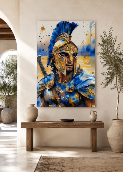 Arte de pared de guerrero griego en tonos azul y dorado
